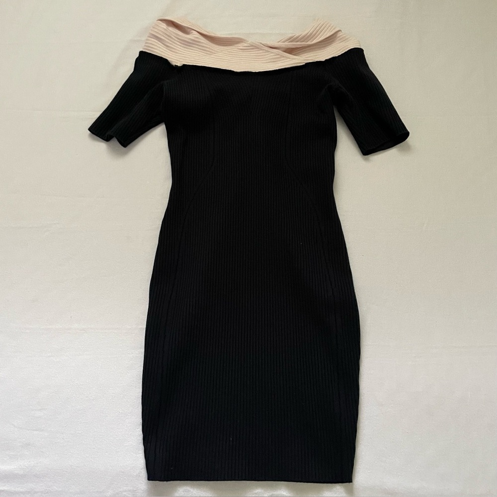 Black One-Shoulder Knit Dress with Cream Fold-Over Neckline